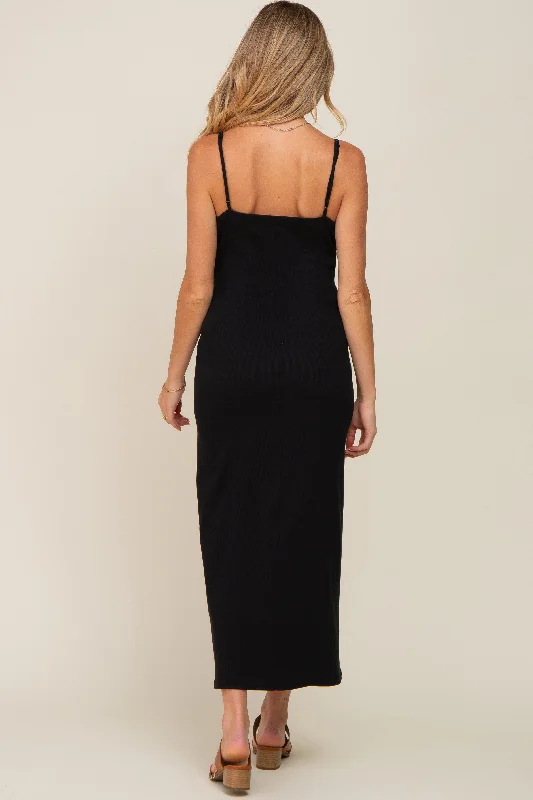 Black Ribbed Sleeveless Maternity Maxi Dress