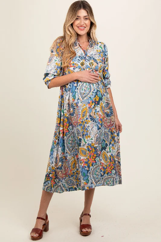 Blue Paisley Print Tiered A-Line Maternity Midi Dress