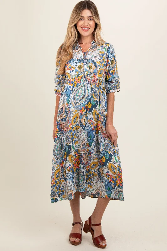 Blue Paisley Print Tiered A-Line Maternity Midi Dress