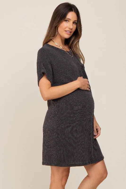 Charcoal Ribbed Front Pocket Dolman Short Sleeve Maternity Dress