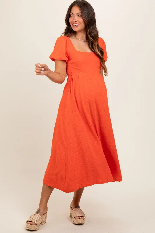 Coral Puff Sleeve Linen Maternity Midi Dress