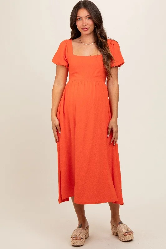 Coral Puff Sleeve Linen Maternity Midi Dress