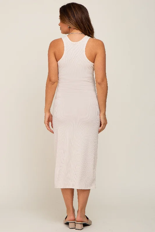 Cream Sleeveless Ribbed Maternity Midi Dress