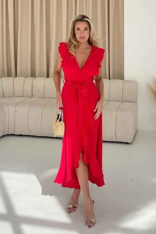 Diana Frill Wrap Midi Dress Red