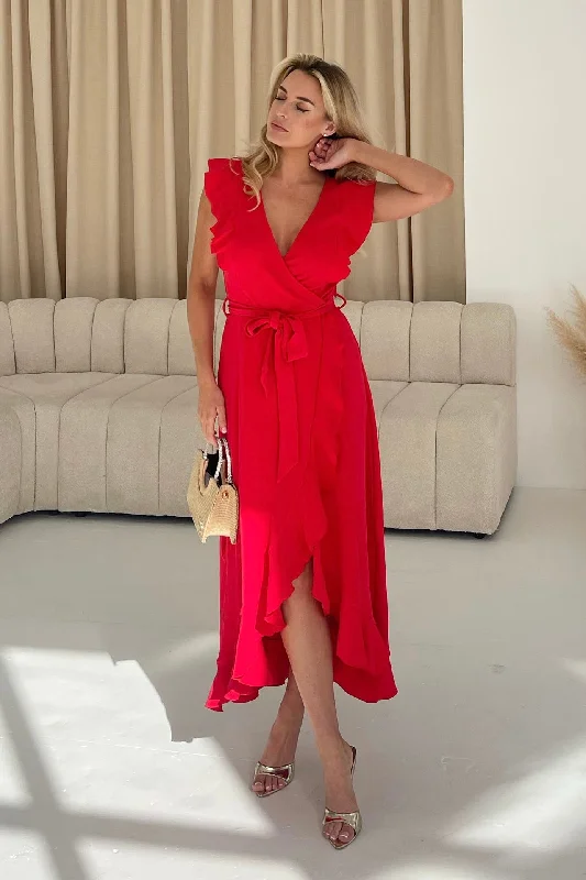 Diana Frill Wrap Midi Dress Red