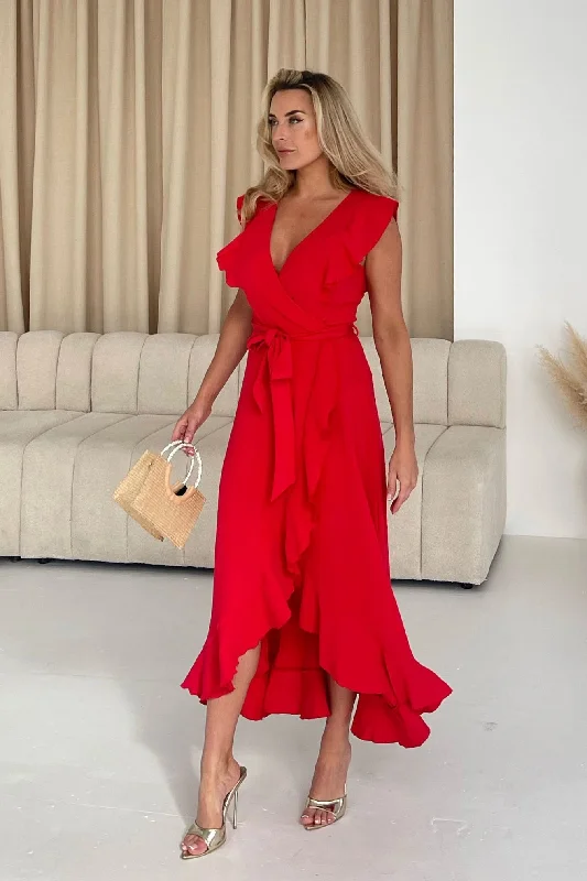 Diana Frill Wrap Midi Dress Red