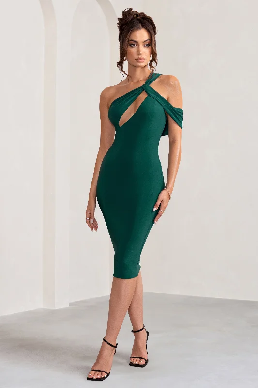 Ella | Bottle Green Asymmetric Neck Cut Out Midi Dress