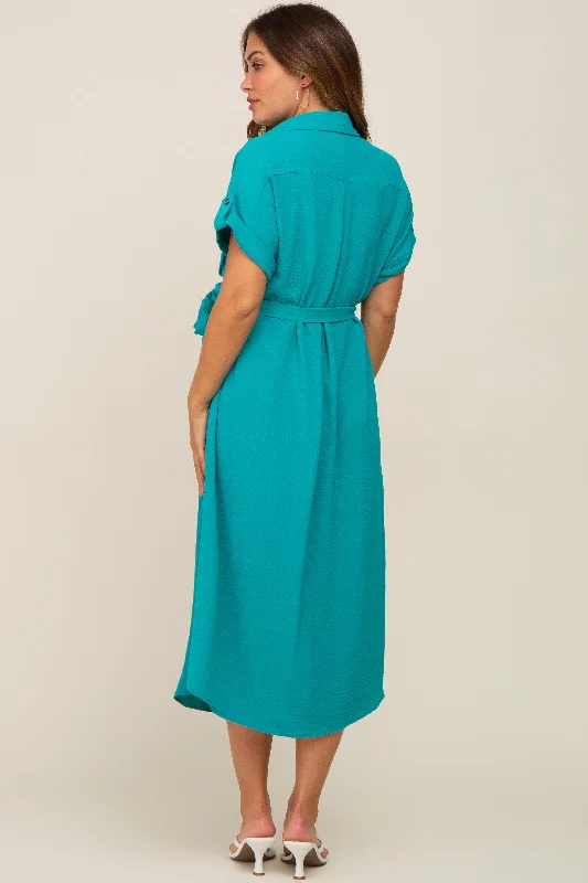 Emerald Green Button Up Front Pocket Maternity Midi Dress