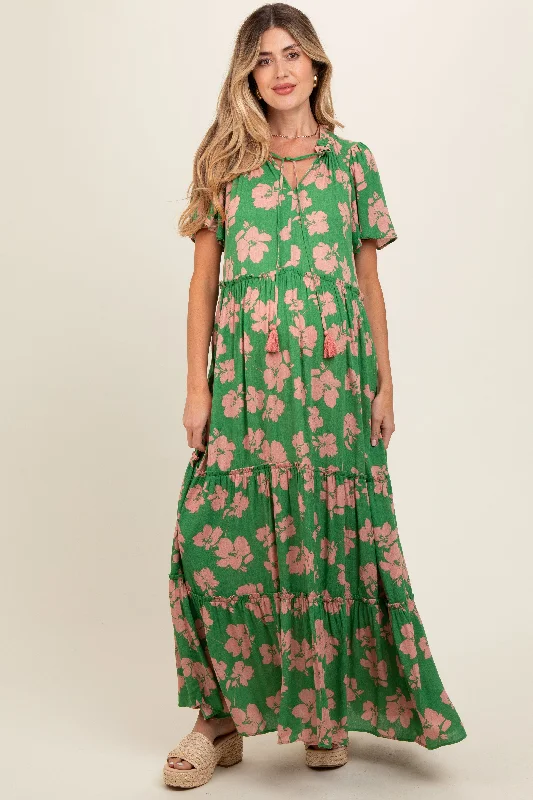 Green Floral Ruffle Neck Tiered Maternity Maxi Dress