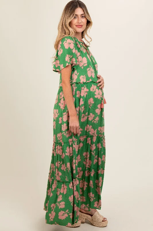 Green Floral Ruffle Neck Tiered Maternity Maxi Dress