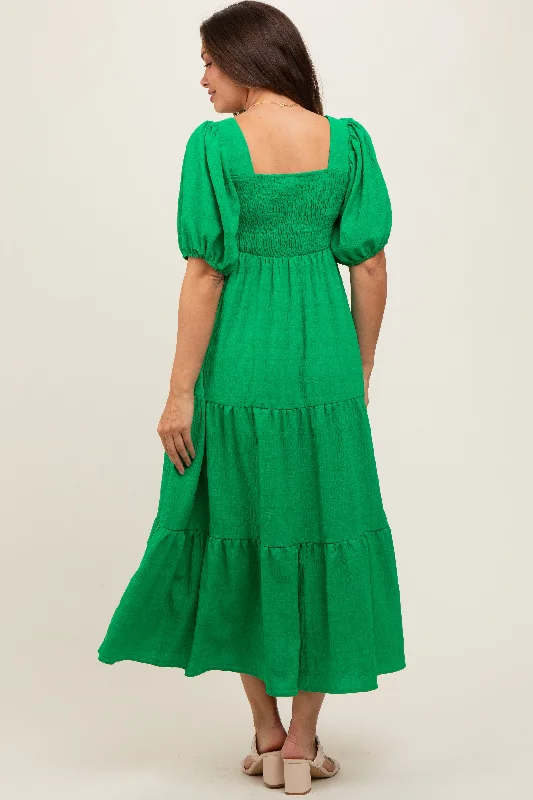 Green Textured Maternity Tiered Midi Dress