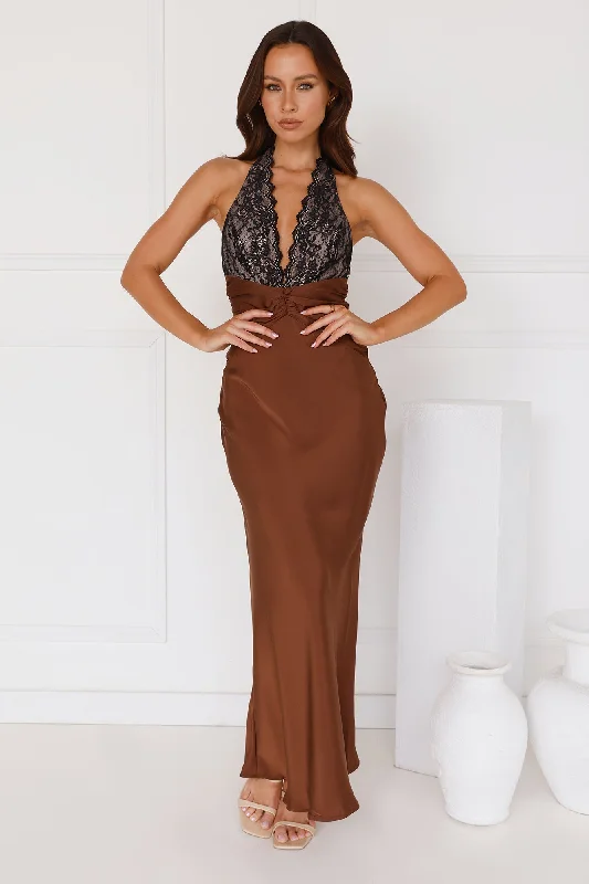 Infinite Affection Halter Lace Maxi Dress Brown