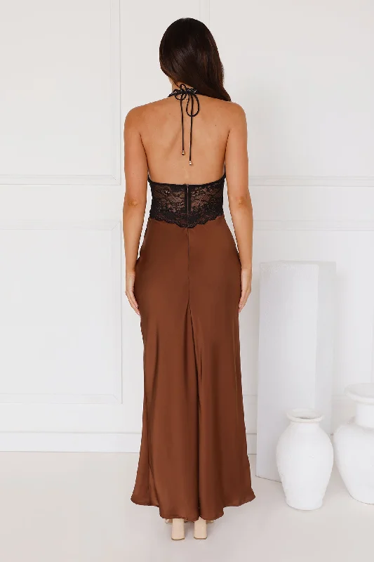 Infinite Affection Halter Lace Maxi Dress Brown