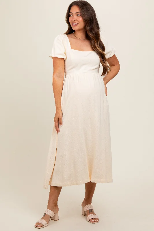 Ivory Puff Sleeve Linen Maternity Midi Dress