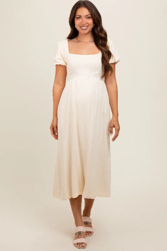 Ivory Puff Sleeve Linen Maternity Midi Dress