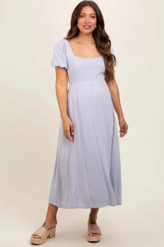 Lavender Puff Sleeve Linen Maternity Midi Dress