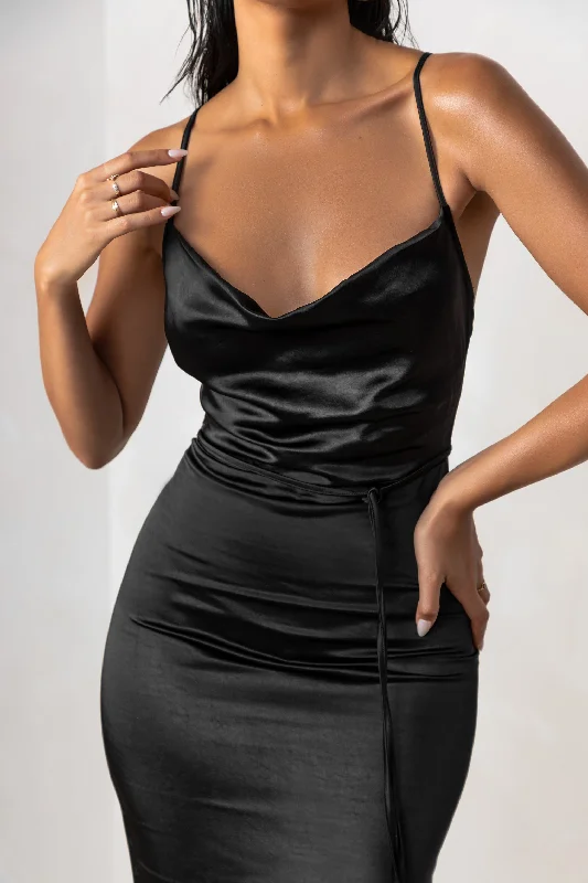 Lifetime | Black Satin Cowl Neck Maxi Dress With Cross Back Detail