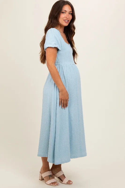 Light Blue Puff Sleeve Linen Maternity Midi Dress