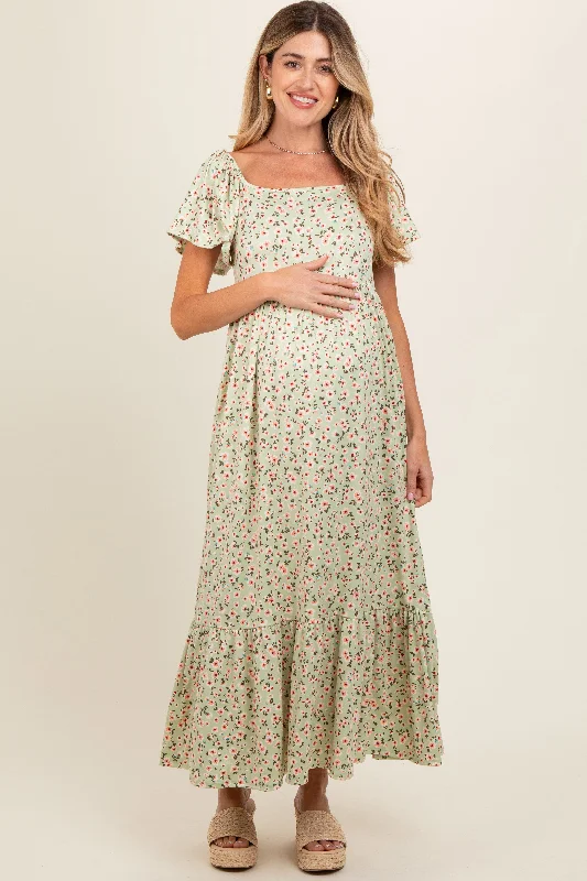 Light Green Floral Short Sleeve Maternity Maxi Dress