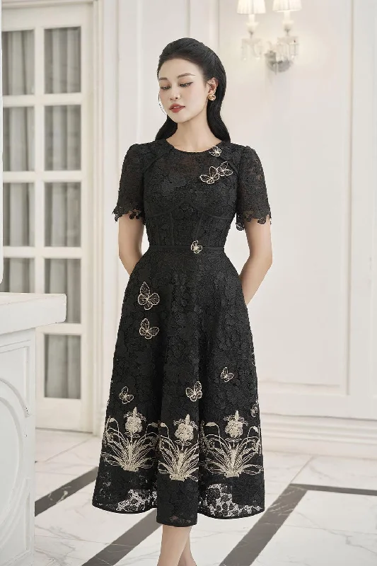 Lorraine A-line Embroidered Lace Midi Dress