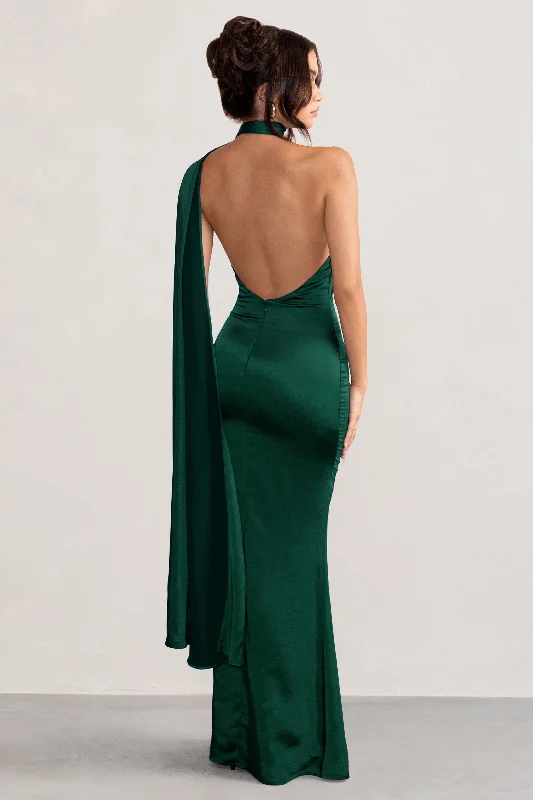 Mademoiselle | Bottle Green Satin Asymmetric Scarf Neck Backless Maxi Dress