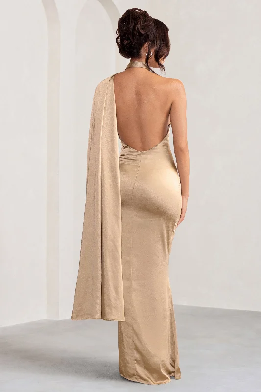 Mademoiselle | Champagne Satin Asymmetric Scarf Neck Backless Maxi Dress