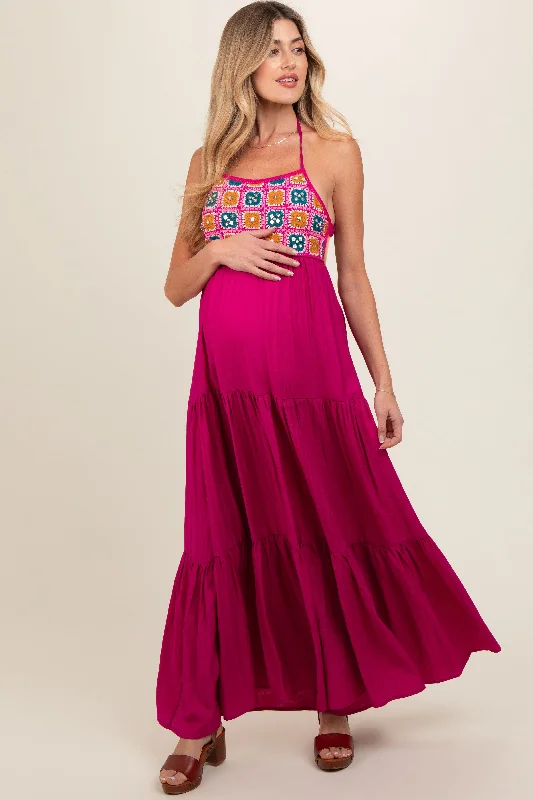 Magenta Crochet Cutout Halter Maternity Maxi Dress