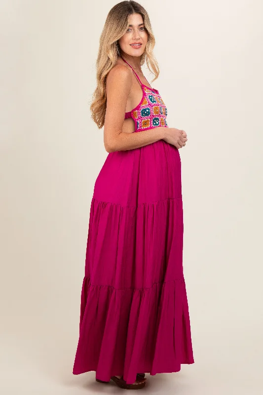 Magenta Crochet Cutout Halter Maternity Maxi Dress