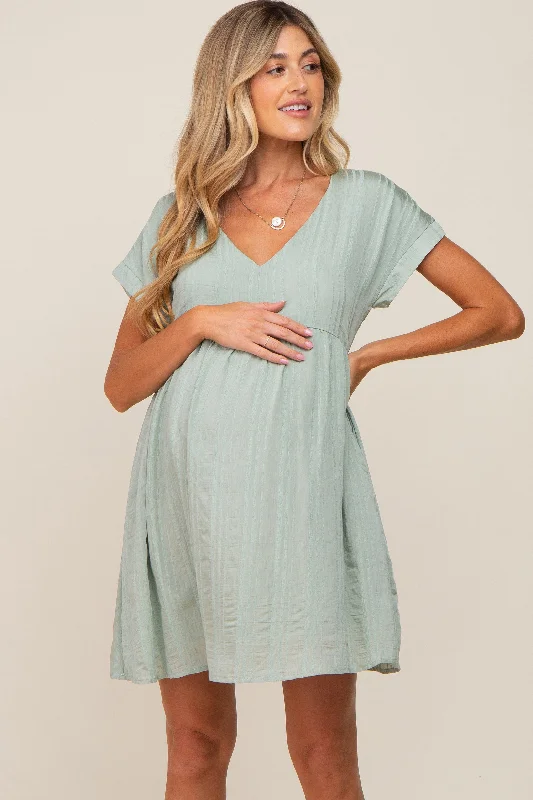 Mint Striped Pocketed Maternity Dress