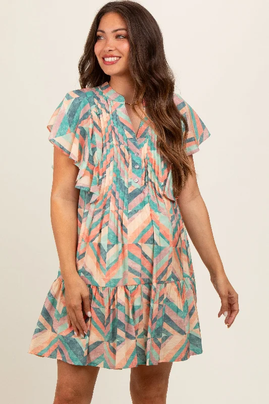 Multicolor Chevron Pleated Tiered Maternity Dress