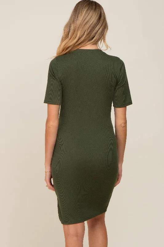 Olive Ribbed Basic Short Sleeve Maternity Dress