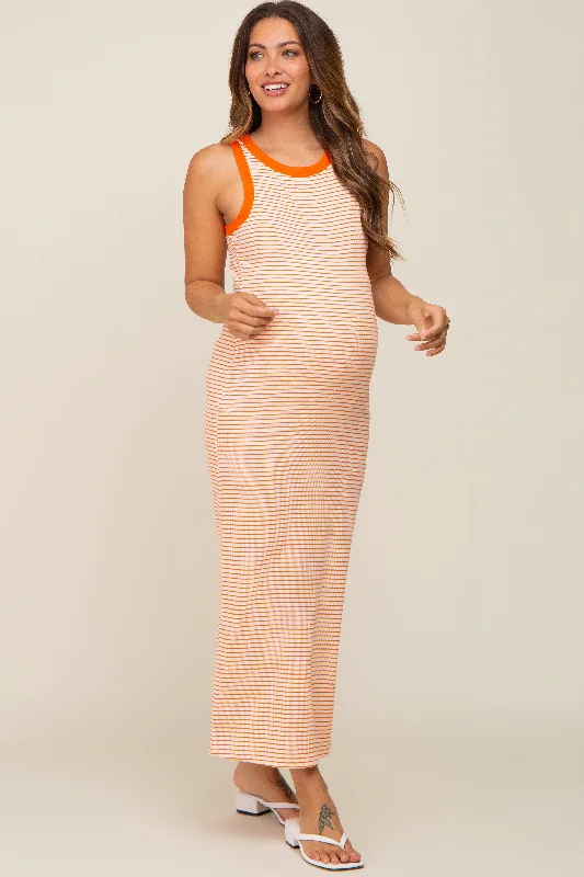 Orange Striped Ribbed Sleeveless Maternity Maxi Dress