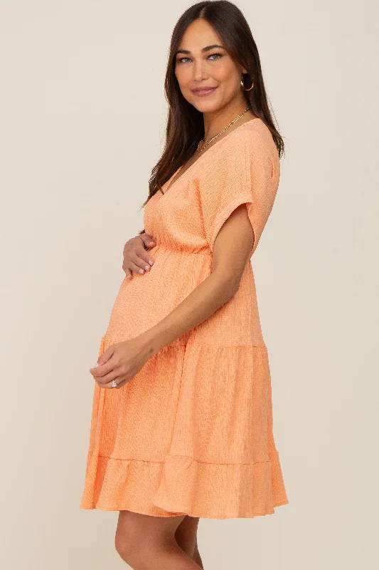 Peach V-Neck Tiered Cutout Back Maternity Dress