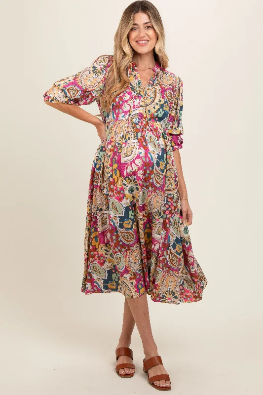 Pink Paisley Print Tiered A-Line Maternity Midi Dress