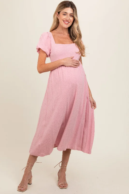 Pink Puff Sleeve Linen Maternity Midi Dress