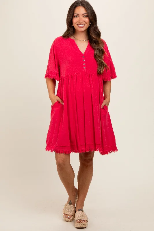 Red Button Front Frayed Maternity Dress