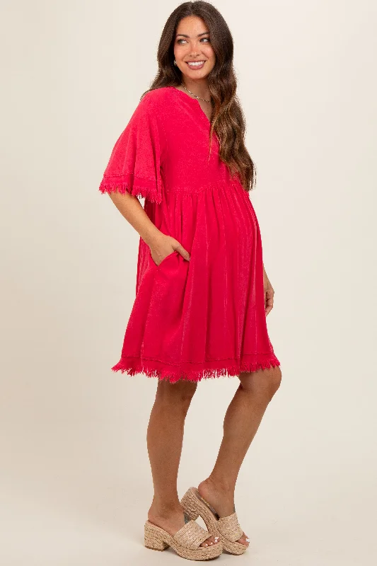 Red Button Front Frayed Maternity Dress