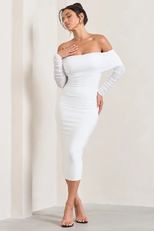 Only You | Ivory Ruched Mesh Bardot Midi Dress