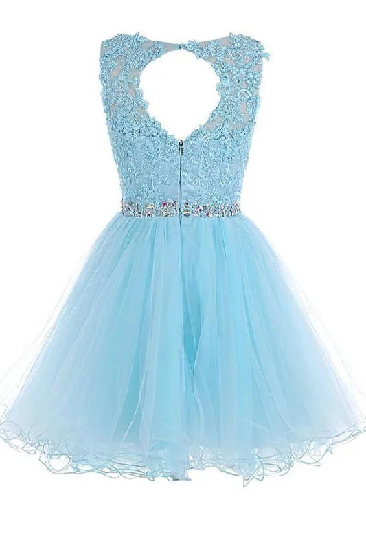 Scoop Short Blue Zipper-up Tulle Homecoming Dress PG013