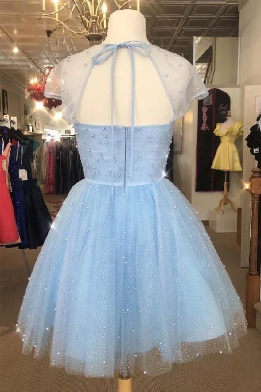 Sparkle Beaded Cap Sleeves Light Sky Blue Homecoming Dress PD314