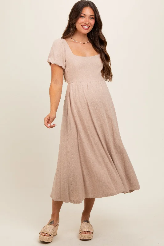 Taupe Puff Sleeve Linen Maternity Midi Dress