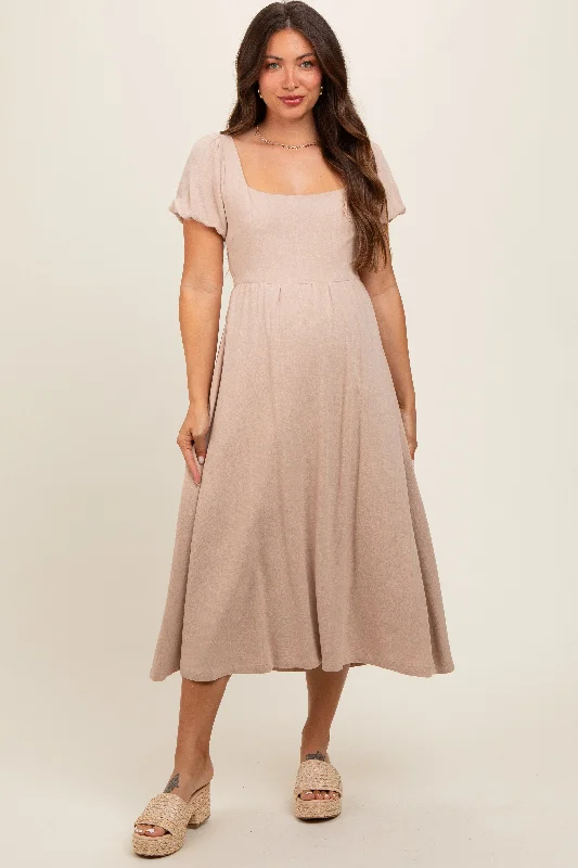 Taupe Puff Sleeve Linen Maternity Midi Dress