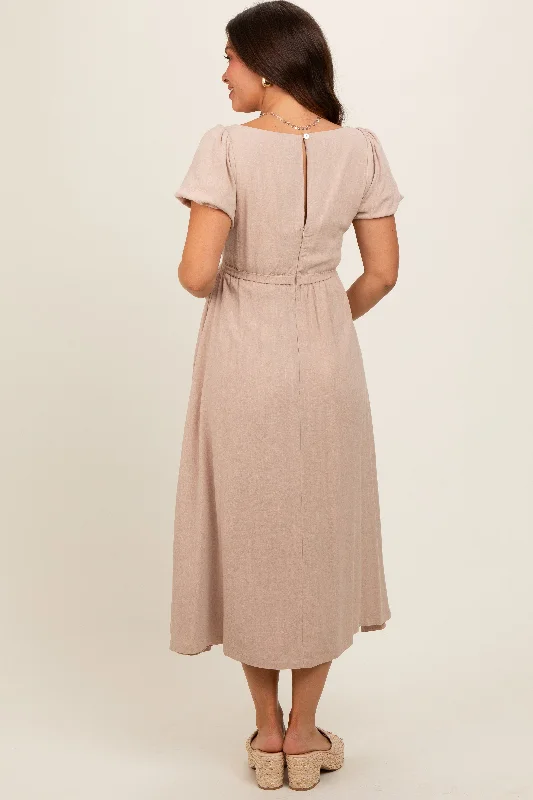 Taupe Puff Sleeve Linen Maternity Midi Dress