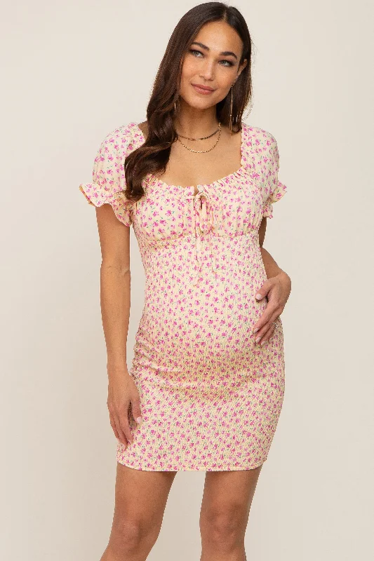 Yellow Floral Smocked Tied Front Ruffle Short Sleeve Maternity Dress