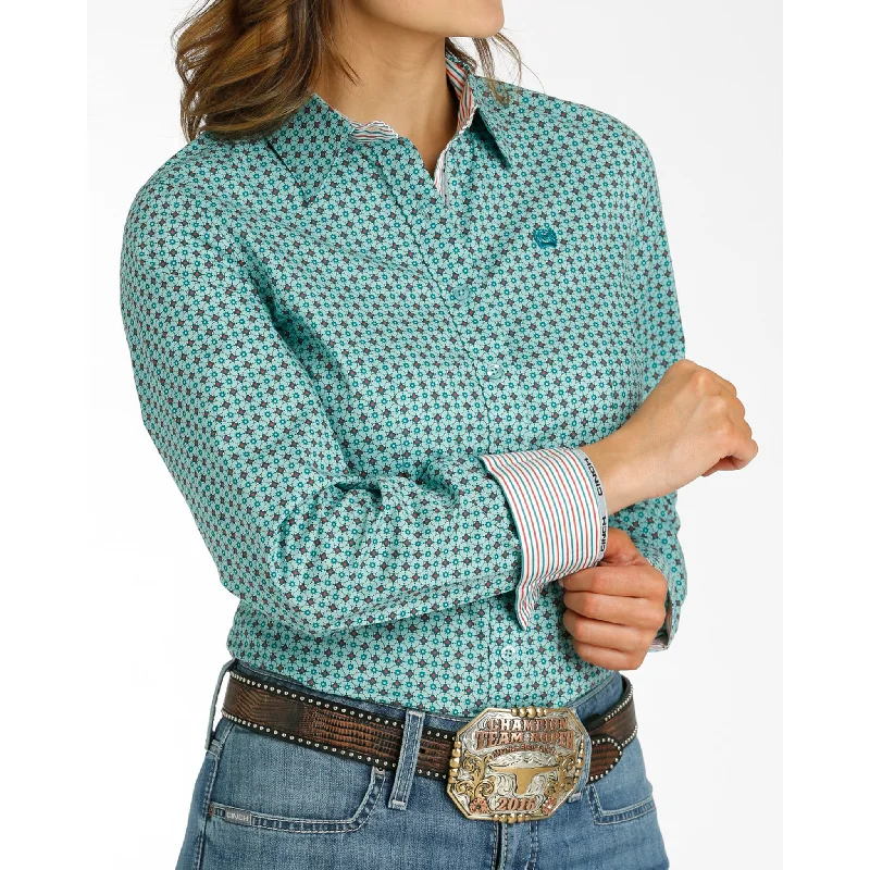 Cinch Women's Aqua Geo Print Long Sleeve