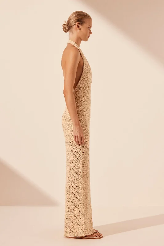 EMILIO HALTER OPEN BACK MAXI DRESS - OAT