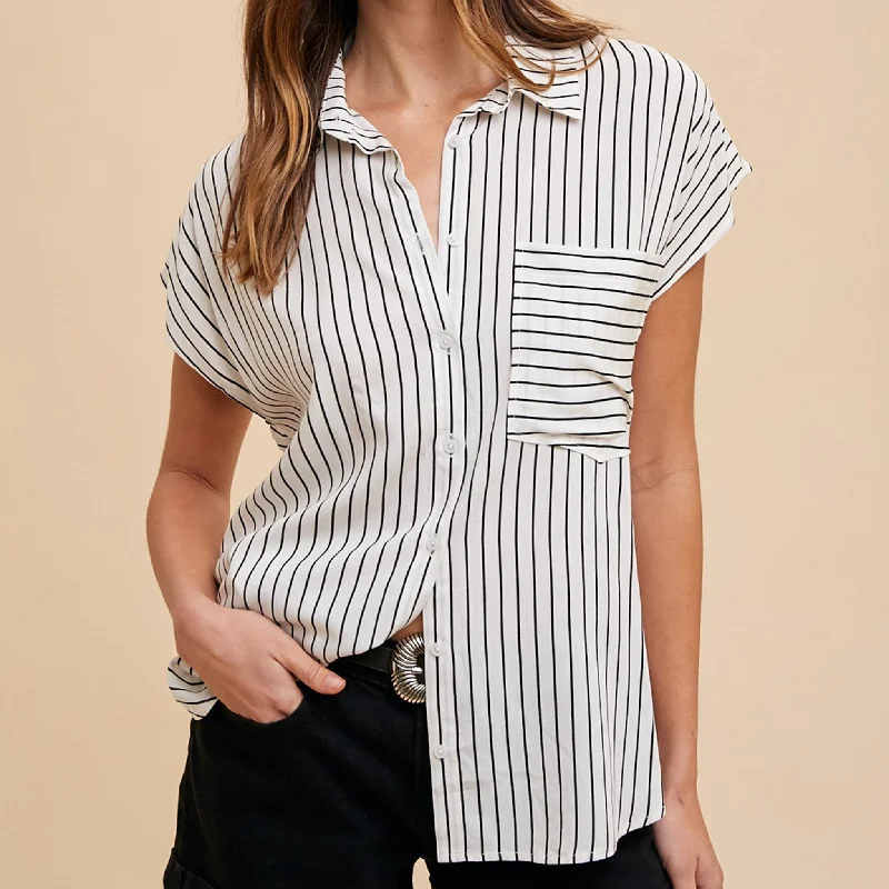 Anniewear Women's Ivory & Black Stripe Short Sleeve