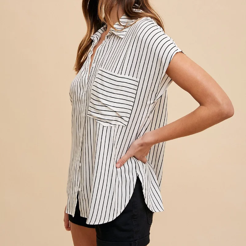 Anniewear Women's Ivory & Black Stripe Short Sleeve