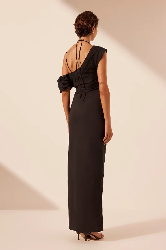 LANI ASYMMETRICAL DRAPED MAXI DRESS - BLACK