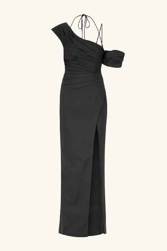 LANI ASYMMETRICAL DRAPED MAXI DRESS - BLACK